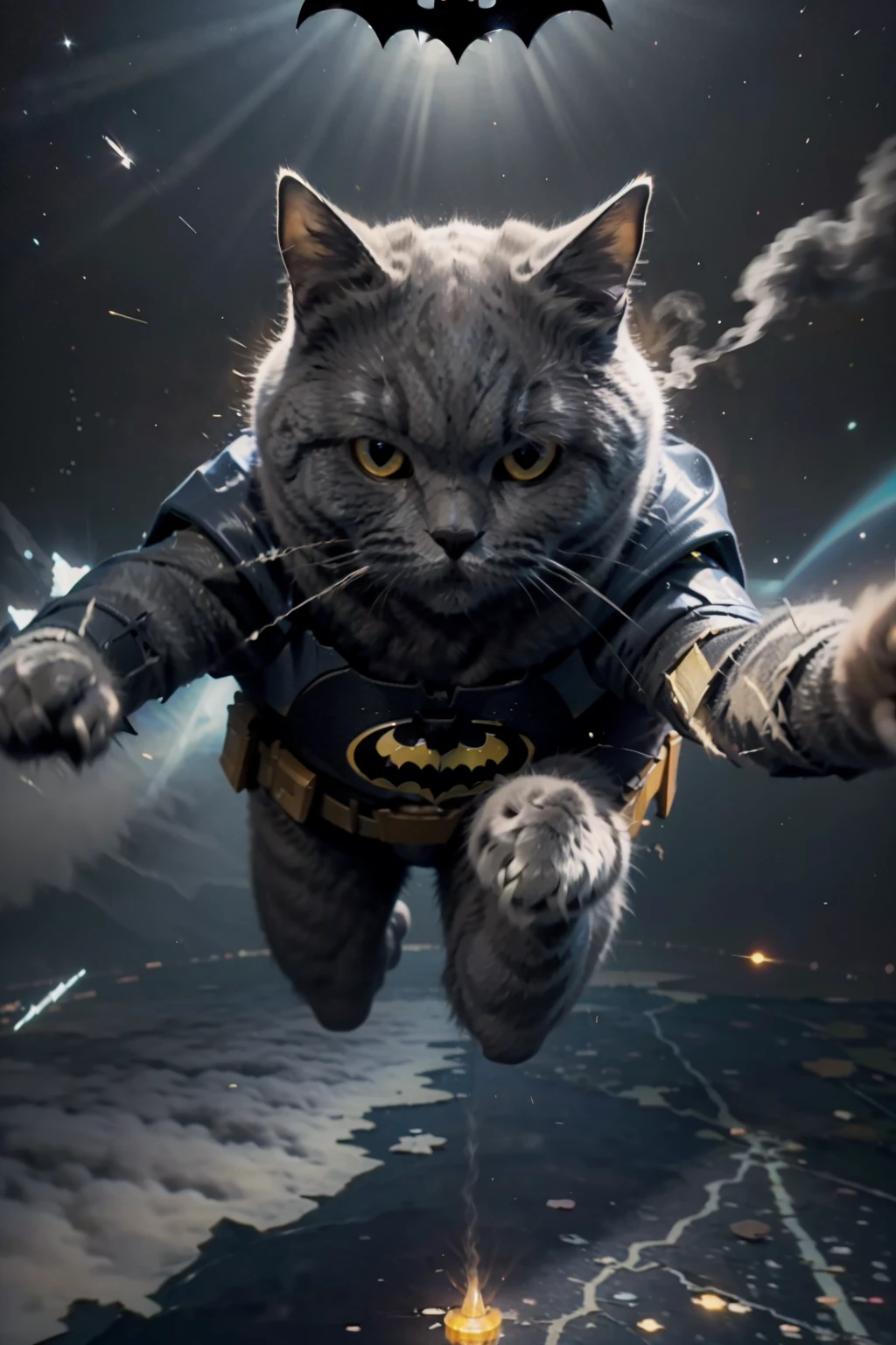 ((masterpiece), (best quality), ultra high res, (raw photo:1.2), (photorealistic:1.4), Exceptional detail, dramatic lighting, highres, 8k, absurdres, earth, rushing to earth, 1cat, (Chartreux:1.2), Chartreux, meteor, space, universe, earth, smoke_trail, jumping from above, (batman suit:1.2), ((batman beacon light)),
<lora:Chartreux_38-000002:0.7>, <lora:c4ttitudeflexver:0.55>