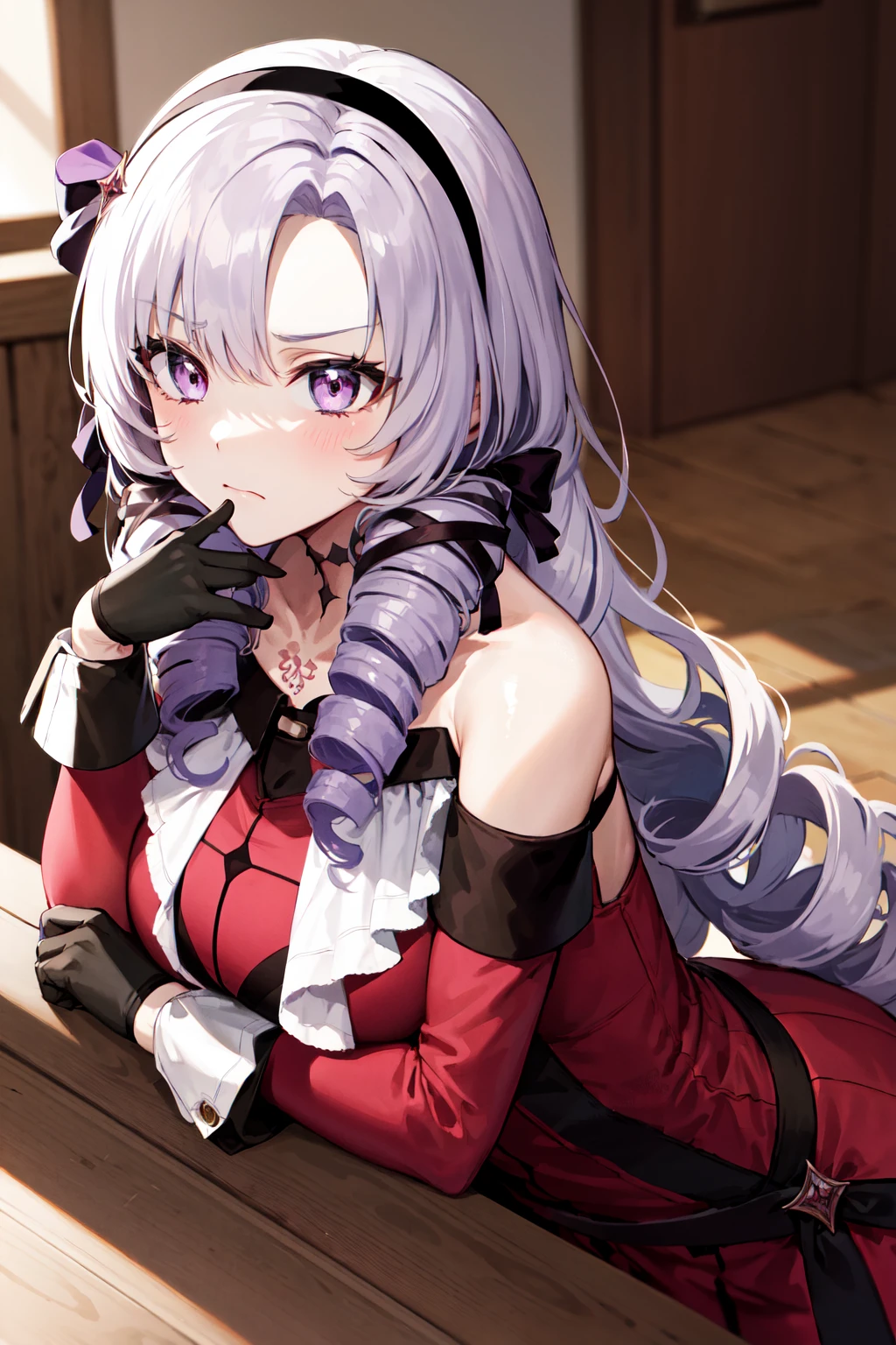 masterpiece, best quality, highres, hmsalome, drill hair, parted bangs, black hairband, ribbon, purple eyes, large breasts, tattoo, red dress, long sleeves, bare shoulders, black gloves, <lora:hyakumantenbara_salome_v1:0.8>, frown, indoors, leaning forward,