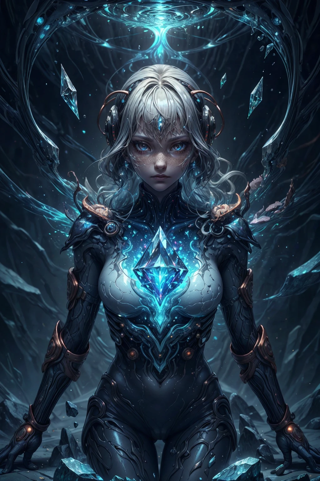 (best quality, masterpiece:1.2), 8k detailed cgi render, thick outlines, strong shadows, <lora:add_detail:0.75>,
1 girl, adult woman, freckles, silver eyes, copper long hair,
(style-swirlmagic:1.0), looking down, solo, (full body:0.6), detailed background, close up, detailed face, (<lora:Unholy:0.5>, Sc3pt4, scifi theme:1.1), crystal mage, elemental rock themed clothes, floating in the air, glowing rocks, surrounded by white magical gems, pyrite, stalagmites, crystalline pattern, magical floating particles, crystal glass, crystal dust, icy canyon background, magical epic ethereal atmosphere, reflections,
<lora:fractalized:0.2>, fractal_environment,