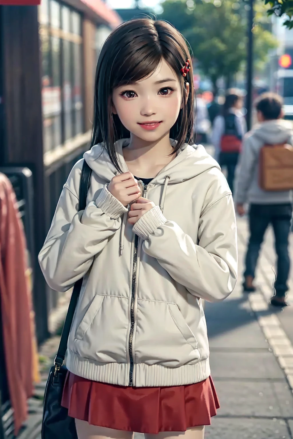 1girl, (9, chvery yo short height:1.5), sawamura haruka (child), ryuotoku, yakuza, long hair, hair over shoulders, brown hair, swept bangs, hair ornament, brown eyes, lips, flat chest, hoodie jacket, red skirt, boots, on kabukicho streets, (smile:1.3), laugh, cute, kawaii, looking at viewer, detailed face, detailed skin, rounded eyes, (((best quality, masterpiece))), (((extremely detailed))), (8k resolution), ((realistic)), colorful, RAW photo, cinematic lighting, best quality, 8k uhd, realistic, (unreal engine), <lora:sawamura haruka (child):0.8>