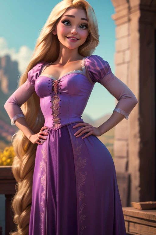 <lora:rapunzel:0.6>rapunzel, 1girl, solo, long hair, looking at viewer, smile, blonde hair, dress, very long hair, green eyes, hand on hip, purple dress (masterpiece:1.2), (best quality), (ultra detailed), (8k, 4k, intricate),(full-body-shot:1), (highly detailed:1.2),(detailed face:1.2),(detailed background),detailed landscape, (dynamic angle:1.2), (dynamic pose:1.2),