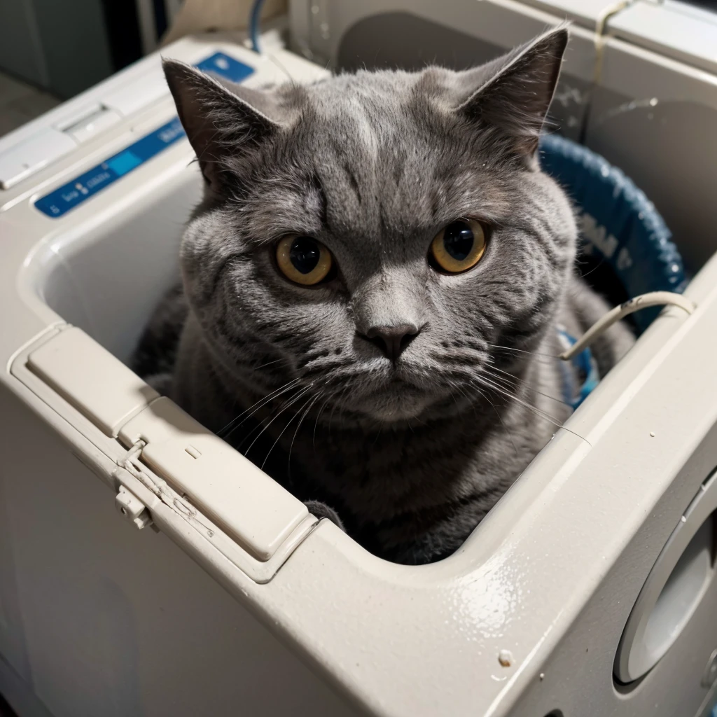 ((masterpiece), (best quality), ultra high res, (raw photo:1.2), (photorealistic:1.4), Exceptional detail, dramatic lighting, highres,   8k, absurdres,  1cat, Chartreux, inside washing machine, washing machine,
<lora:Chartreux_38-000002:0.6>,