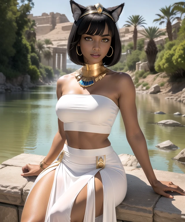 woman in her 20s, dark skin, (perfect face), defined jawline, beautiful lips, (beautiful bright yellow eyes), black eyeliner, (athletic body), (sexy), thick thighs, (short black bob haircut, straight bangs), (black wolf ears on top of head), (perfect hands), (white strapless Egyptian queen outfit), (exposed midriff), (long white maxi skirt), ancient Egyptian jewelry, sitting on a stone ledge, looking at viewer, (medium shot photograph), (river oasis background), photorealistic