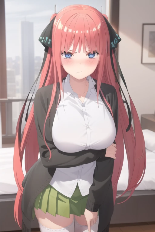 (very detailed background:1.0), (highly detailed background:1.0), (Masterpiece), High Quality, (1girl, solo),
<lyco:Ninov2-04:0.6>, pink hair, long hair, white shirt, pleated skirt, green skirt, white thighhighs, blue eyes, black cardigan,
standing, embarrassed, blush, pouting, looking at viewer, bedroom, bed,
