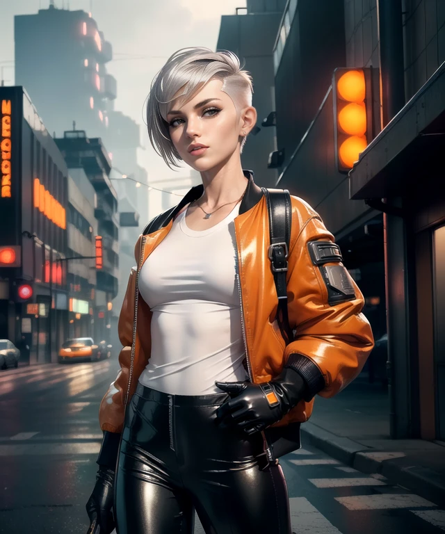 woman in her 20s, (perfect face), defined jawline, beautiful lips, (short silver prismatic pixie haircut), (perfect hands), (white undershirt), (orange baggy industrial bomber jacket), (black leather gloves), (black pants), (medium shot photograph), (urban cyberpunk city area background), photorealistic