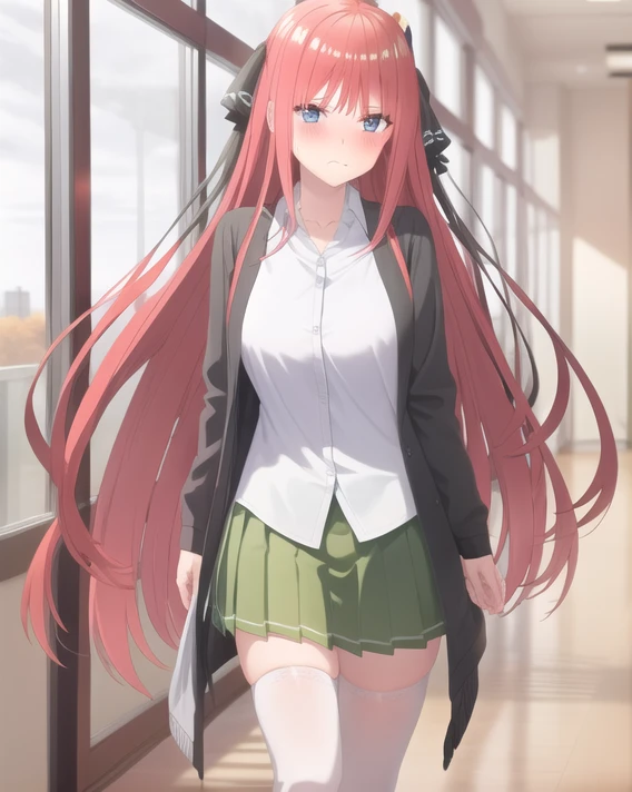 (very detailed background:1.0), (highly detailed background:1.0), (Masterpiece), High Quality, (1girl, solo),
<lyco:Ninov2-04:0.6>, pink hair, long hair, white shirt, pleated skirt, green skirt, white thighhighs, blue eyes, black cardigan,
standing, embarrassed, blush, pouting, looking at viewer, school hallway, windows, autumn trees,