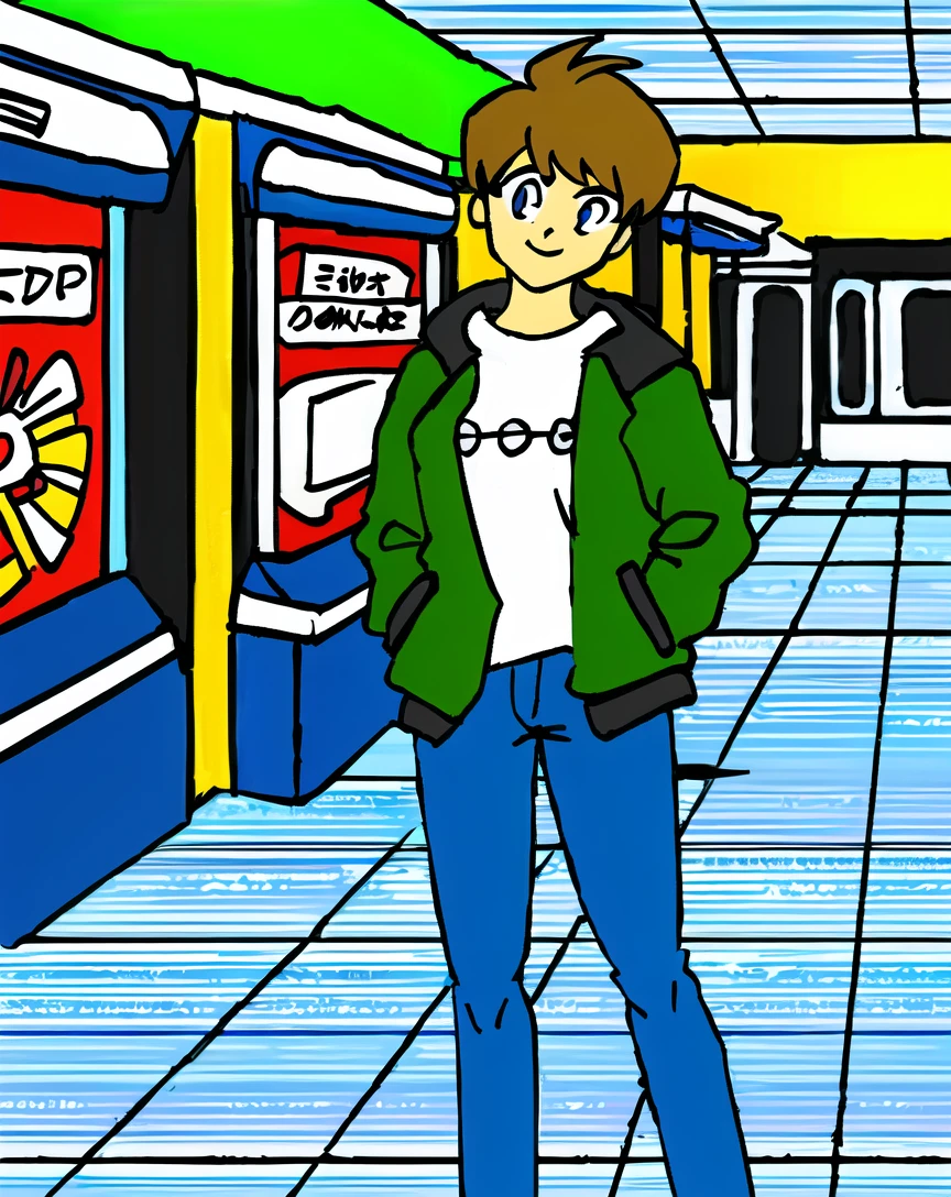 pc-98,ligne claire,joypd2,1girl,green jacket,jeans,standing,facing viewer,in arcade,smiling, <lora:JoyPD2-09:0.8>