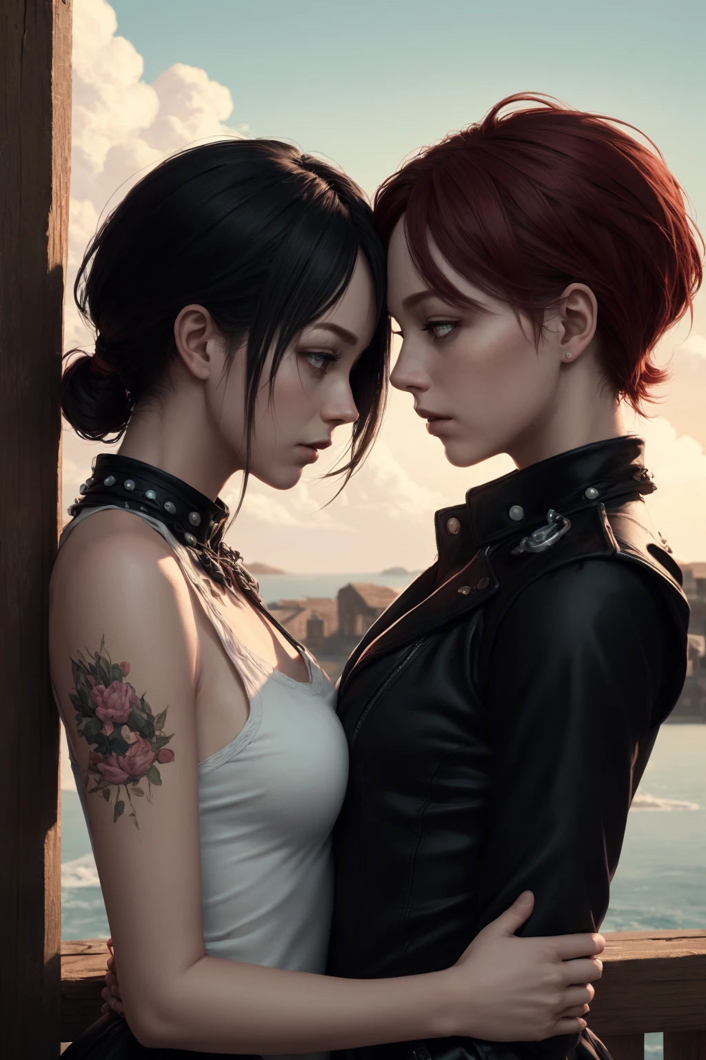 (best quality:1.3), (masterpiece:1.3), (detailed:1.2), 8K, punks in love, tender embrace, rim lighting, windy