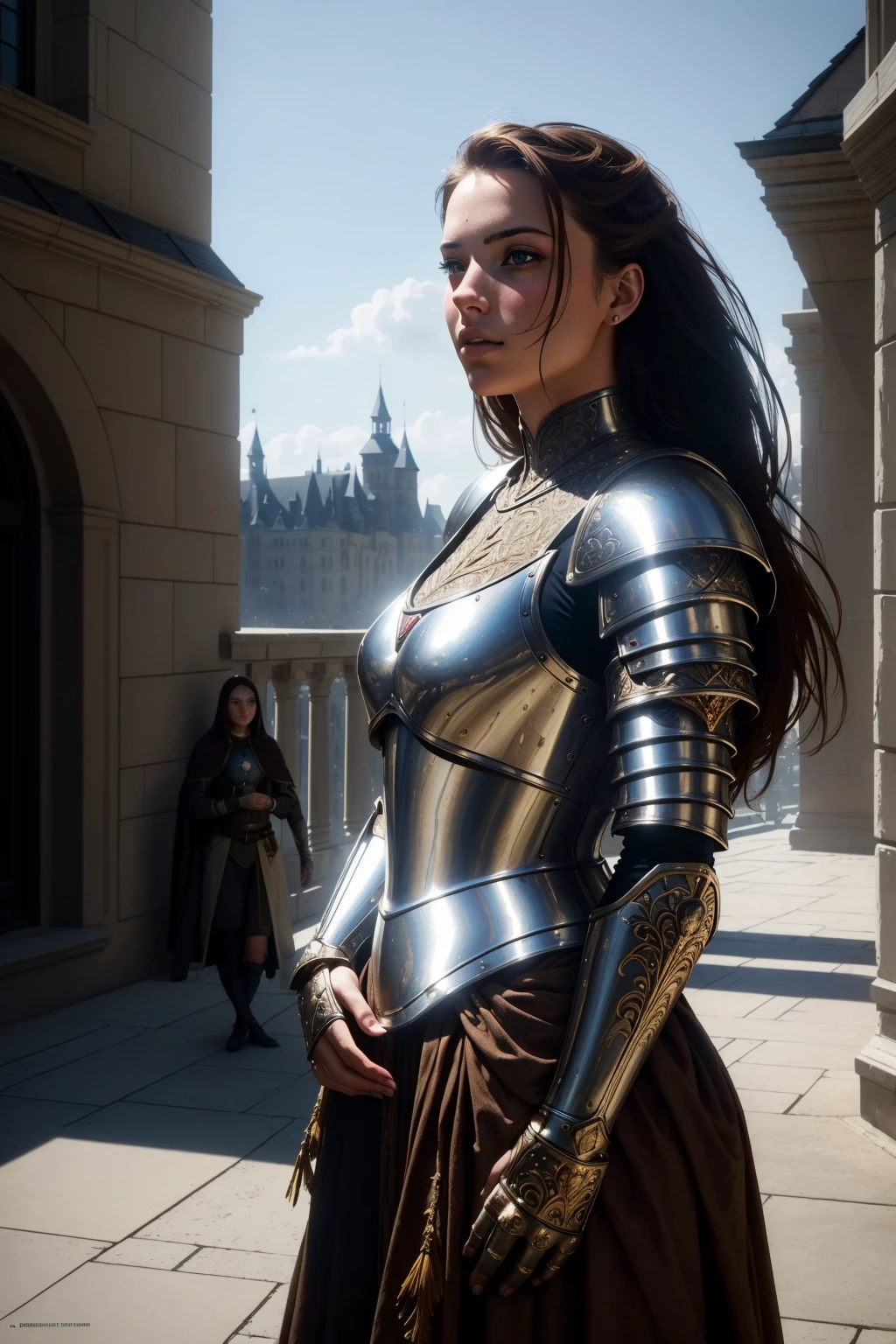 (masterpiece), (extremely intricate:1.3), (realistic), portrait of a girl, the most beautiful artwork in the world, (medieval armor), metal reflections, upper body, outdoors, intense sunlight, far away castle, professional oil painting of a stunning woman by Ed Blinkey and Atey Ghailan and Jeremy Mann and Greg Rutkowski, detailed, sharp focus, dramatic, award winning, matte drawing, cinematic lighting, octane render, unreal engine, volumetrics dtx