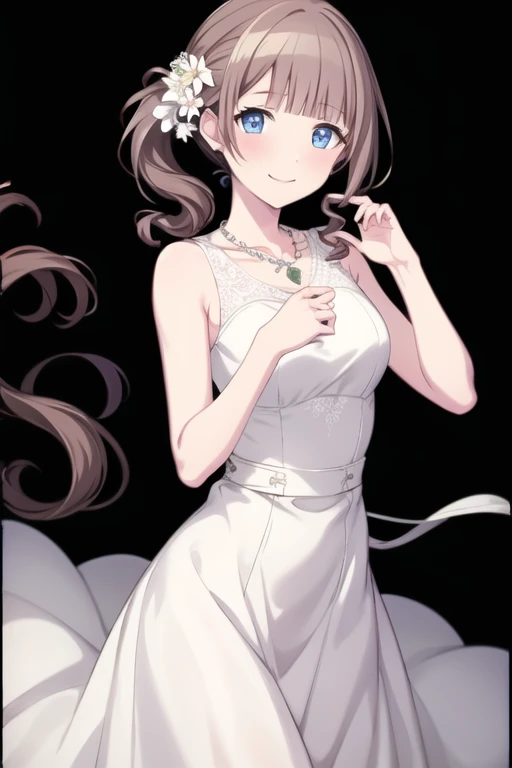 <lora:HonamiV2-04:0.7>.mhonami, 1girl, solo, long hair, looking at viewer, blush, smile, blue eyes, simple background, brown hair, hair ornament, dress, jewelry, closed mouth, flower, sleeveless, hair flower, blunt bangs, necklace, white dress, side ponytail, hands up, sleeveless dress, own hands together, white flower, black background, long dress