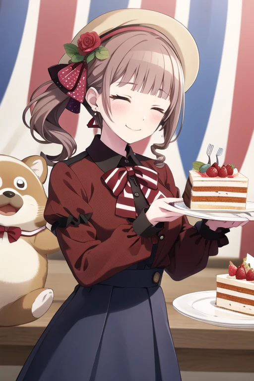 <lora:HonamiV2-04:0.7>.mhonami, 1girl, solo, blush, smile, skirt, brown hair, shirt, long sleeves, hat, bow, ribbon, holding, jewelry, closed mouth, closed eyes, flower, earrings, frills, food, striped, puffy sleeves, red bow, side ponytail, blue skirt, fruit, drill hair, polka dot, white flower, red flower, hat bow, plate, cake, strawberry, spoon, fork, hat flower, brown shirt, striped background, holding plate, cherry, holding fork, string of flags, tanuki, pennant, side drill