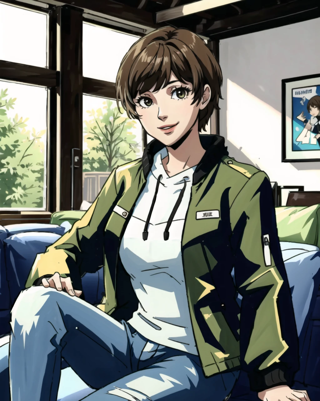 joypd2,1girl,green jacket,brown hair,jeans,sitting,on couch,smiling,indoors,in living room,masterpiece,best quality,absurdres,sharp, <lora:JoyPD2-11:0.6>