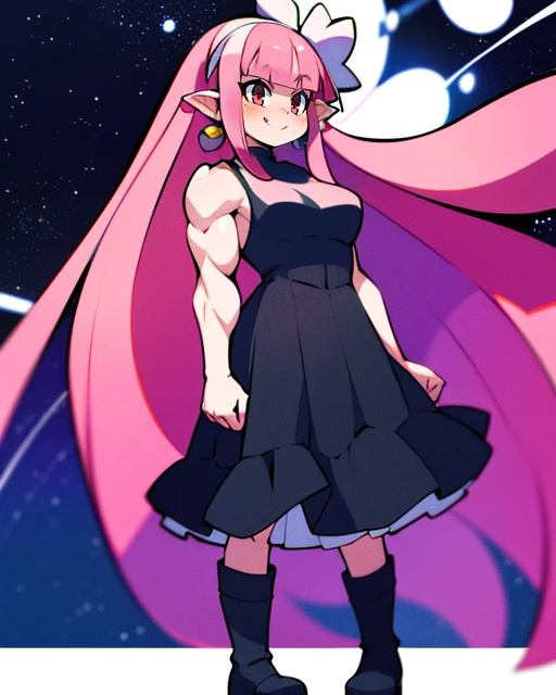 Witch.long pink hair,pointy ears,red eyes , smiling, standing, full body, low view, close up, muscles, biceps, close,
WitDres,black dress, white ribbon, white hairband,learrings, black boots,
outer space, fun park, stars,
(insanely detailed, beautiful detailed face, masterpiece, beautiful detailed eyes, best quality) <lora:Witch:0.8> <lora:Muscle:0.8>