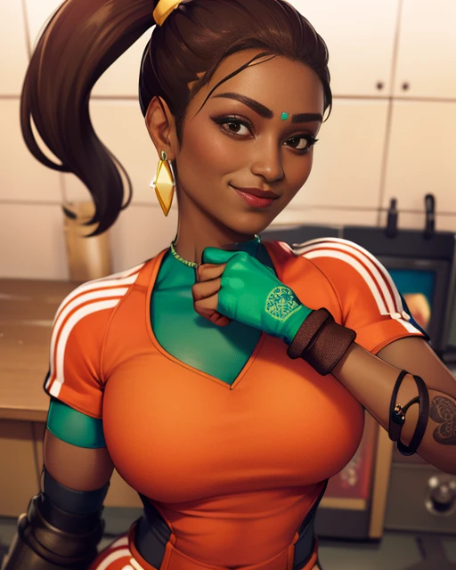Rampart,dark skin,forehead jewel ,nose piercing,side ponytail ,brown hair, solo, standing, smiling, upper body, close up,
RampJS,jewelry,orange jumpsuit with white srtipes,knee pads , right glove, green crop top,
tool shed, morning, grease, oil marks,
(insanely detailed, beautiful detailed face, masterpiece, best quality) <lora:Rampart:0.8>