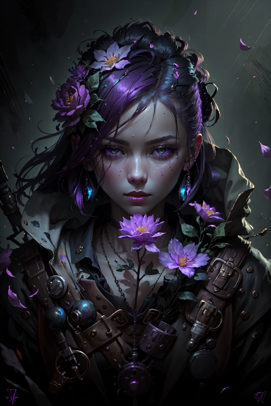 <lora:FantasyStyle-000015:.65> FantasyStyle_Burple, 
1girl, flowers, detailed, realistic, lighting, volumetric lighting, focus, deep purple, colorful, paint, illustration, masterpiece
<lora:CyberpunkStyleV1:.75> PunkAI