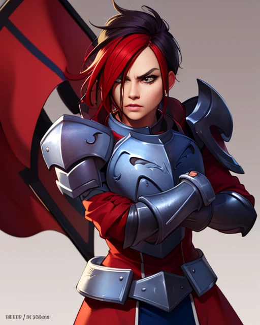 Ash, short multicolored hair,brown eyes,lips, hair over eye,  standing, serious expression, upper body, closed fists,  
AshBS,
AshAr, shoulder armor ,armor ,boots , blue and red pelvic curtain , 
battle ground, blue and red flag in background,  morning, 
(insanely detailed, beautiful detailed face,  masterpiece, beautiful detailed  eyes, best quality)      <lora:ASH-10v2:0.8>
