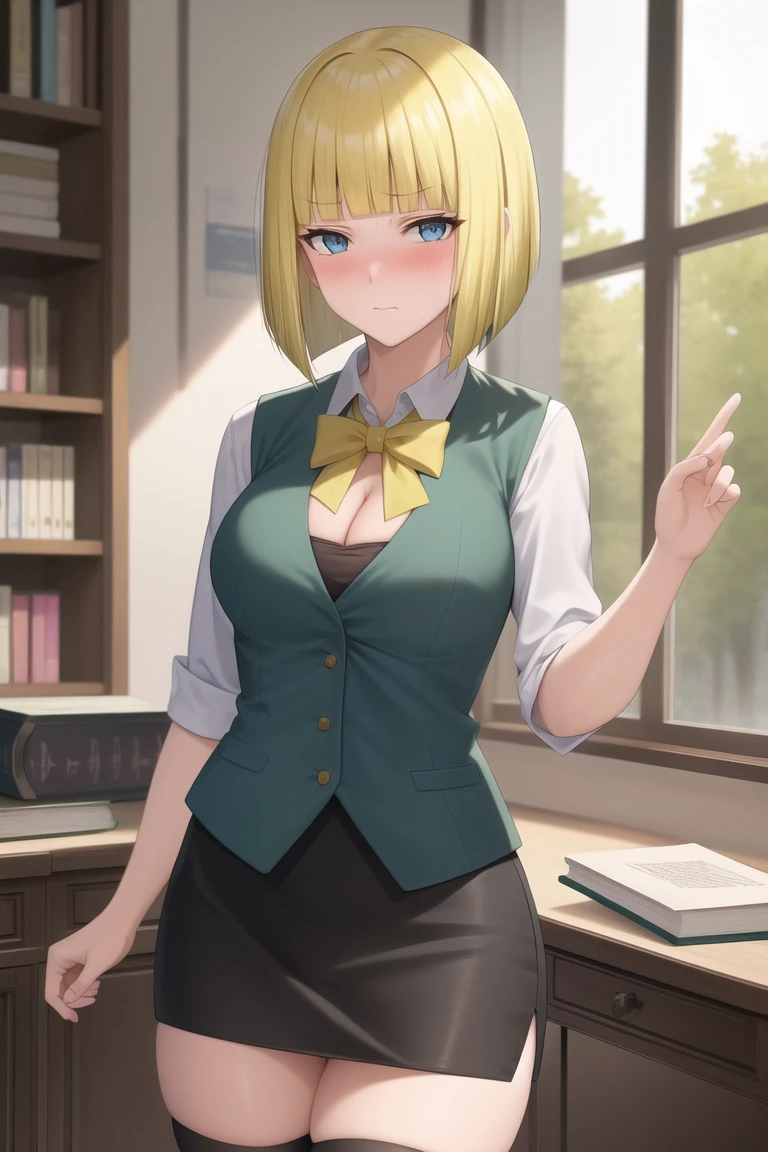 (very detailed background:1.0), (highly detailed background:1.0), (Masterpiece), High Quality, (1girl, solo),
<lora:NarutoSamui-04:0.3>, <lora:NarutoSamuiv3-04:0.45>, blonde hair, blue eyes, bangs, blunt bangs, bob cut,
blush, looking at viewer, standing, seductive pose, cleavage, embarrassed, blush,
thighhighs, black skirt, pencil skirt, yellow bowtie, white shirt, (vest, dark green vest, sleeveless vest:1), thighs,
bookcase, window, desk, books,