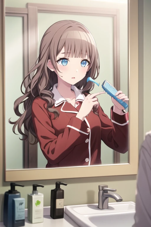 <lora:HonamiV2-04:0.7>.mhonami, 1girl, solo, long hair, blue eyes, brown hair, shirt, long sleeves, holding, upper body, collared shirt, indoors, blunt bangs, wavy hair, bottle, towel, reflection, hair down, pajamas, mirror, bathroom, towel around neck, toothbrush, sink, hair brush, hair dryer, soap bottle