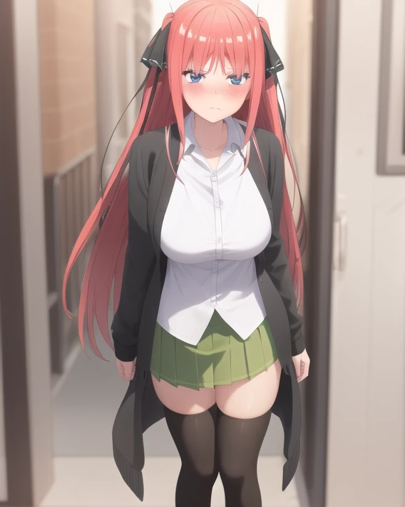 (very detailed background:1.0), (highly detailed background:1.0), (Masterpiece), High Quality, (1girl, solo),
<lyco:Ninov2-04:0.6>, white shirt, pleated skirt, green skirt, white thighhighs, blue eyes, black cardigan,
standing, embarrassed, blush, pouting, looking at viewer,