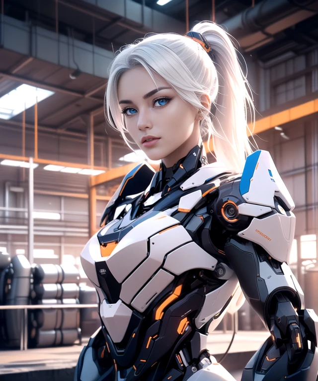 woman in her 20s, Korean, (perfect face), defined jawline, beautiful lips, (beautiful bright blue eyes), (white hair, ponytail), (perfect anatomy), (athletic body), (sexy), (perfect hands), (intricate geometric robotic white body armor, orange and gunmetal accents), (looking at viewer), (medium shot photograph), (futuristic industrial factory background), <lyco:Robotaction:0.8>, photorealistic