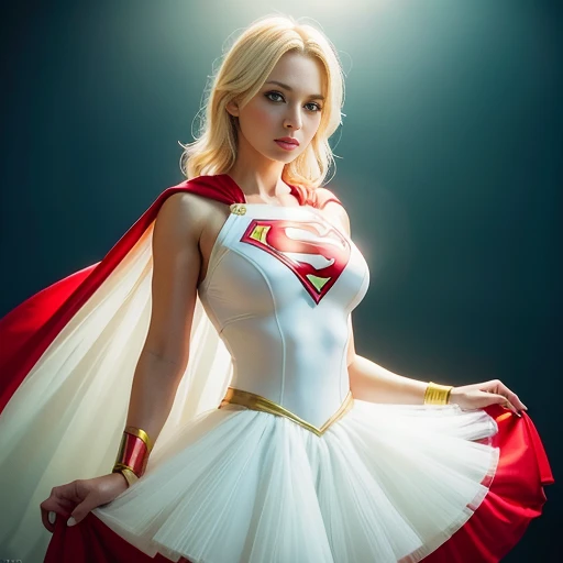 woman posing for a photo, (wearing white and red supergirl_cosplay_outfit:1.2),(wearing ballet outfit with yellow tutu:1.2),
good hand,4k, high-res, masterpiece, best quality, head:1.3,((Hasselblad photography)), finely detailed skin, sharp focus, (cinematic lighting), night, soft lighting, dynamic angle, [:(detailed face:1.2):0.2],(((inside theater))),    <lyco:supergirl_ballet_dress-10:0.35>