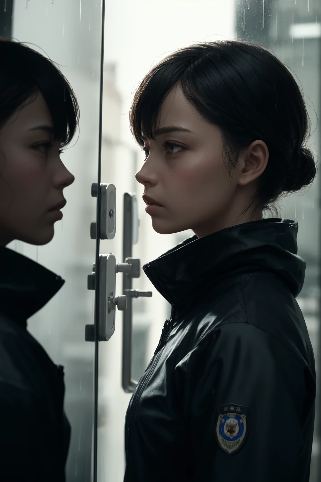 (best quality:1.3), (masterpiece:1.3), (detailed:1.2), 8K, FBI agent, raid, rainy, reflections, dramatic, dim lighting
