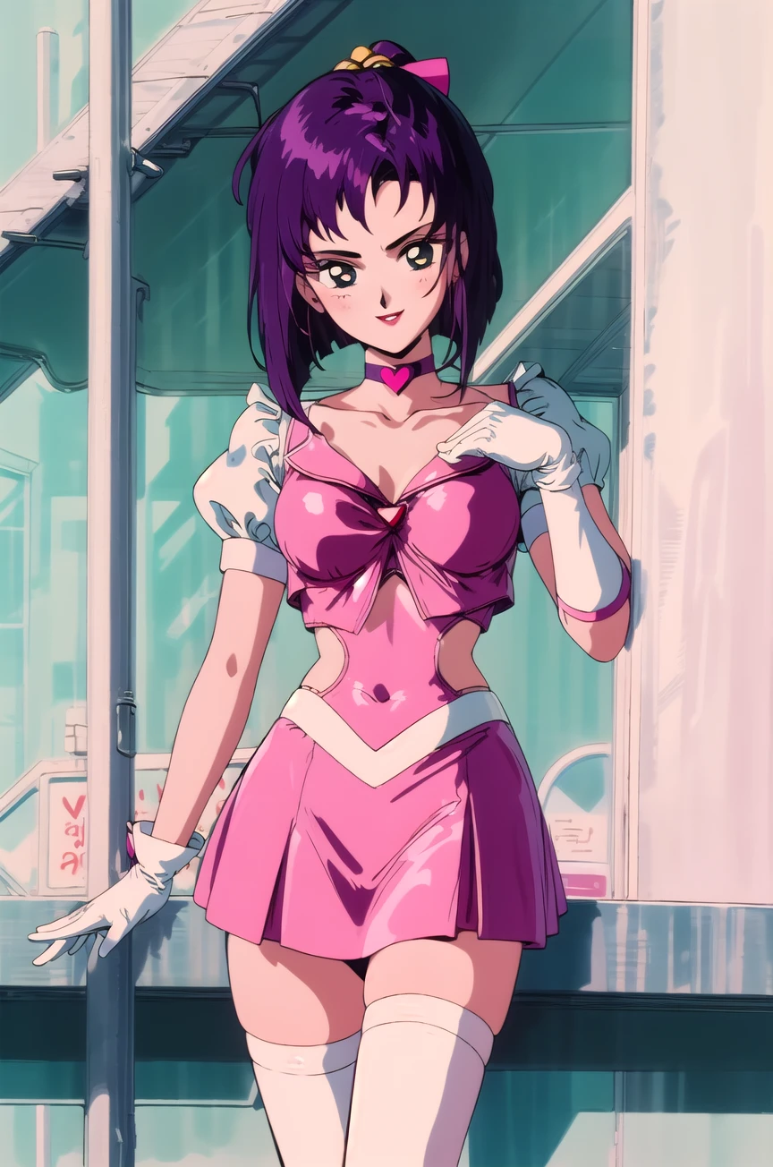 (masterpiece,best quality, detailed), 1girl, solo, cowboy shot, outdoors, street, smile, parted lips, v,
magical girl, pink gloves, pink skirt, hair ornament, pink bow, white choker, red ribbon, heart cutout, brooch, white thighhighs, puffy sleeves, faye valentine,
<lora:FayeValentineV3-000006:1>, <lora:smv1-10:1>,  <lora:more_details:0.2>