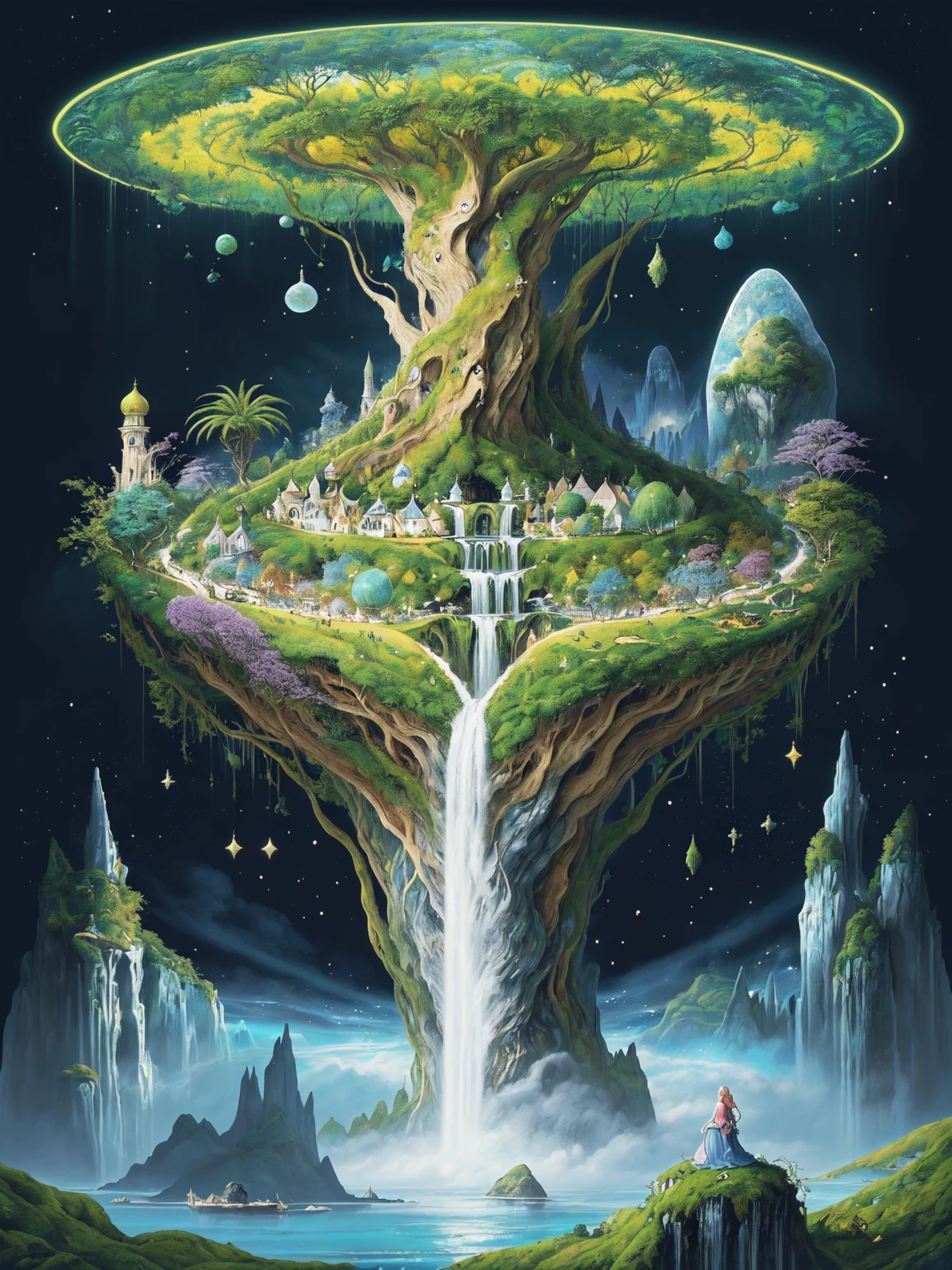 A breathtaking and surreal landscape inspired by dreams and imagination. The scene should depict floating islands, cascading waterfalls, and vibrant flora that defy the laws of gravity. The colors should be rich and vibrant, with a touch of otherworldly glow. This artwork invites viewers to escape reality and explore a realm of wonder and magic. It is perfect for wall art, album covers, and advertisements that seek to captivate the imagination. Illustrated by Hieronymus Bosch and Roger Dean.