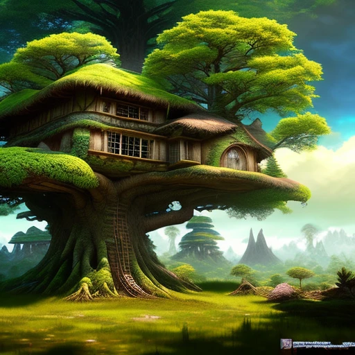 Evang, tree house in the forest, atmospheric, hyper realistic, epic composition, cinematic, landscape vista photography by Carr Clifton & Galen Rowell, 16K resolution, Landscape veduta photo by Dustin Lefevre detailed landscape painting by Ivan Shishkin, DeviantArt, Miyazaki, Ghibli, 4k, artstation, unreal engine