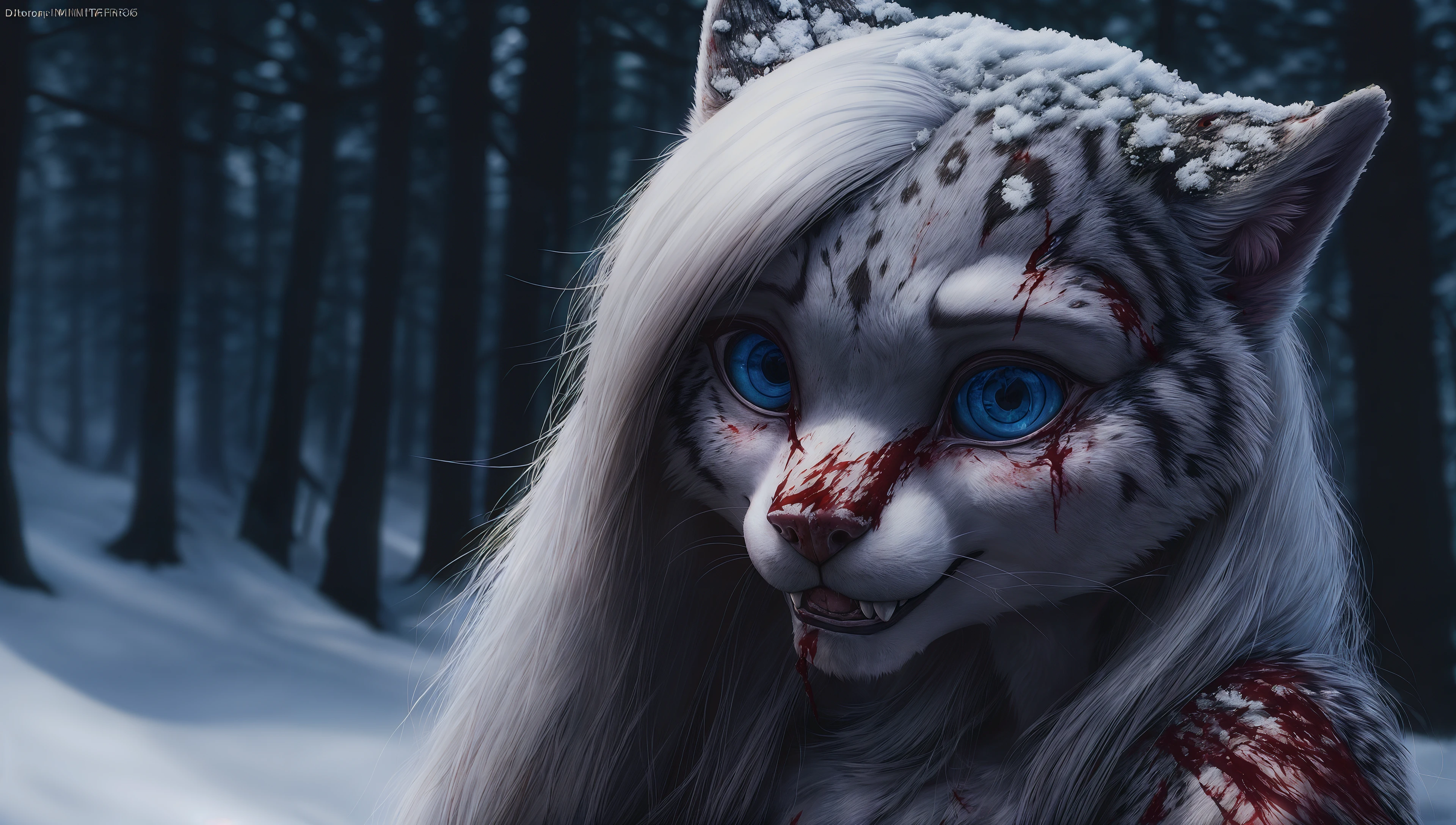 (blood flows down the fur, girl covered on blood, blood on snow:1.4), winter forest, realistic snow, detailed background, furry female, snow leopard, body fur, fur, anthro, fluffy, neck fur, body fur, animal ears, animal nose, blush, nude, pawpads, outdoors, blue detailed eyes, long hair, hair ornament, white hair, full body, smiling, cute, shy, young, petite, slim, feminine, large eyes, breasts, solo, 1girl, happy to killing, aggressive, (crazy, mad, psycho:1.4), (half-closed eyes:0.4), teeth, claws,
3d octane render, unreal engine raytraced screenshot, cgi, photorealistic, redshift, unrealistic lighting,high detail, realistic, masterpiece, absurdres, best quality, HDR, high quality, high-definition, extremely detailed, 8k wallpaper, intricate details, 8K uhd, Full-HD, (realistic photo:1.2), contrast, harsh lighting, cinematic lighting, natural lighting, hard light, backlighting, ray tracing, global illumination, ambient occlusion, depth of field, Field of View, lens flare, bloom, stunning environment, Rim Lighting, Soft Lighting, Accent Lighting, Filmic, Tonal Colors, Nikon D750, Brenizer Method, F/2.8, Tonal Colors, ProPhoto RGB, Perfectionism, Diffraction Grading, RAW photo, dslr, film grain, Fujifilm XT3 <lora:crazyExpressions_crazyExpressions:0.3>