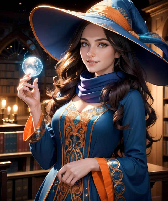 woman in her 20s, (perfect face), defined jawline, (beautiful bright orange eyes:1.2), beautiful lips, beautiful wide smile, (cute cheerful facial expression), (long dark brown flowing wavy hair), (intricate blue long-sleeved enchantress outfit), scarf, (big intricate blue witch hat), (warm volumetric lighting), looking at viewer, (medium shot photograph), (vibrant magic library background), photorealistic