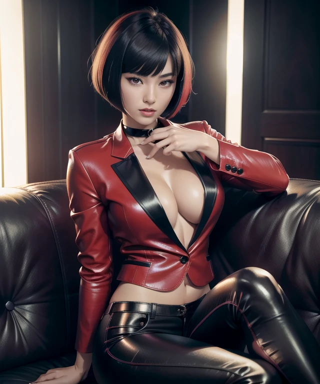 woman in her 20s, (Korean), (perfect face), defined jawline, beautiful lips, (beautiful bright red eyes), (short black bob haircut, straight bangs), (athletic body), (sexy), (perfect hands), (red blazer, shirtless:1.2), (cleavage), (black leather pants:1.2), (sitting on a sofa, relaxed, seductive), warm lighting, looking at viewer, (medium shot photograph), (dark gangster club background),  photorealistic