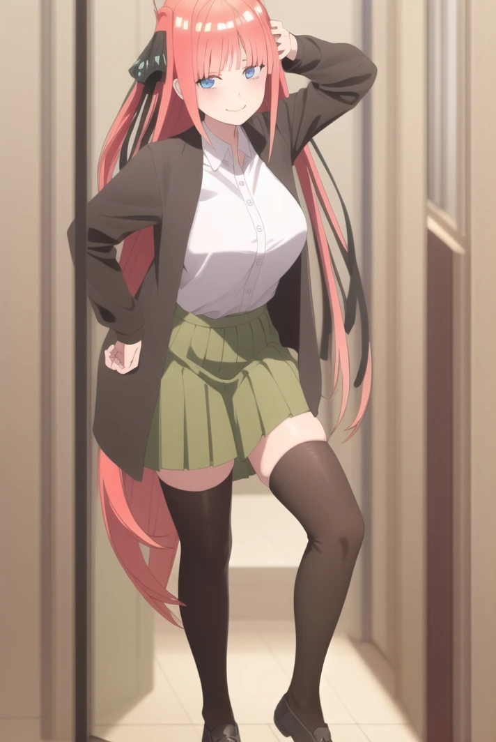 (very detailed background:1.0), (highly detailed background:1.0), (Masterpiece), High Quality, (1girl, solo),
<lyco:Nino-01:1>, standing, smile, white shirt, pleated skirt, green skirt, white thighhighs, black loafers, full body, blue eyes, black jacket, looking at viewer,