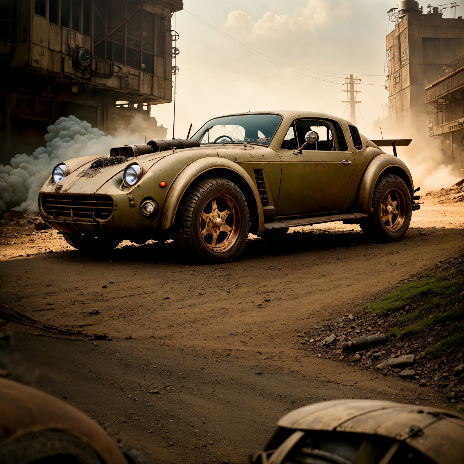(((full body:1.3))), (((dieselpunk sports car))), postapocalyptic, Photorealistic, Hyperrealistic, Hyperdetailed, analog style, soft lighting, subsurface scattering, realistic, heavy shadow, masterpiece, best quality, ultra realistic, 8k, golden ratio, Intricate, High Detail, film photography, soft focus, RAW candid cinema, 16mm, color graded portra 400 film, remarkable color, ultra realistic,