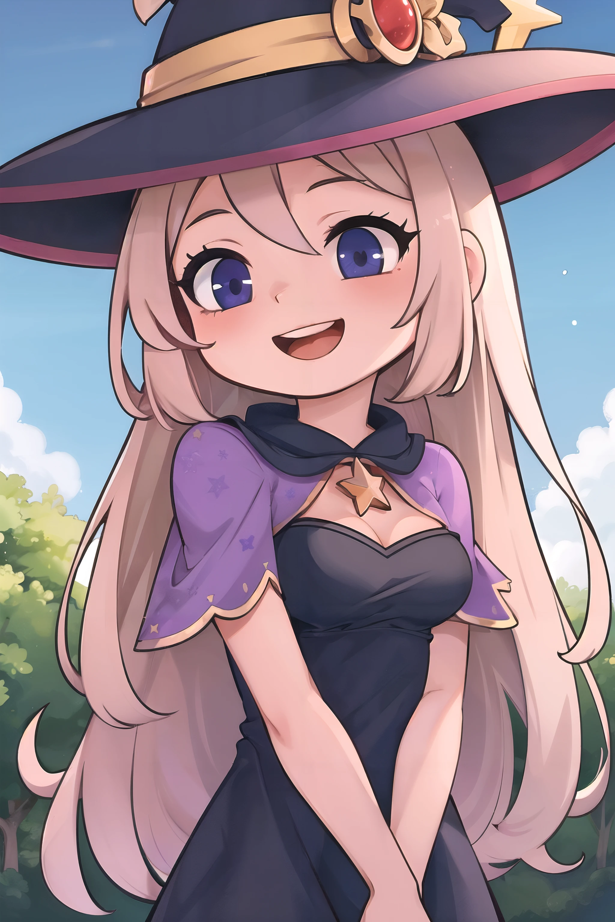 masterpiece, best quality,
blue sky,
cute,
1girl, upper body, happy,
witch hat, purple hat, big hat, star print, witch, dress, (pink dress:0.7), star print dress, (light brown hair:1.1), (wavy hair, long hair:0.5), (pink capelet:0.6), (purple dress:0.5),