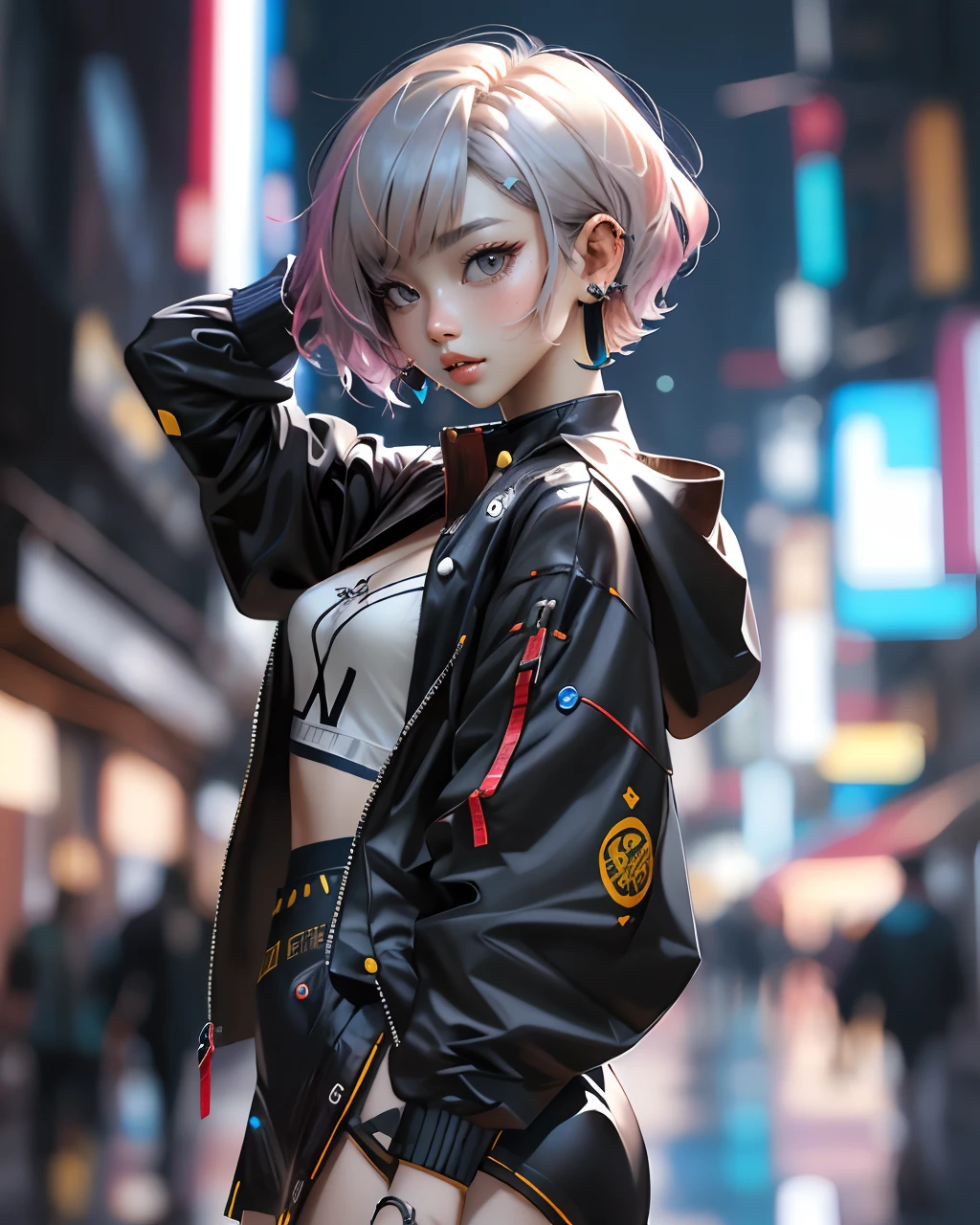 best quality,  cyber sttyle girl, 1girl,  solo, short hair,  blurry background, <lora:cyber_style_girl_v1:0.7>