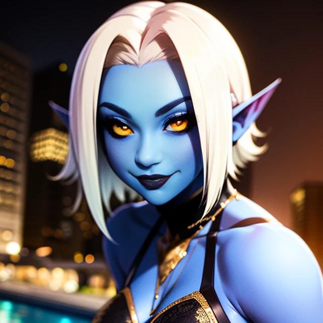 Saati, short white hair, blue skin, yellow eyes ,black sclera, pointy ears,  smiling,  solo,  upper body, 
pool, nighttime,  bar,  
(insanely detailed, beautiful detailed face, masterpiece, best quality)   <lora:Saati-10v2:0.8>