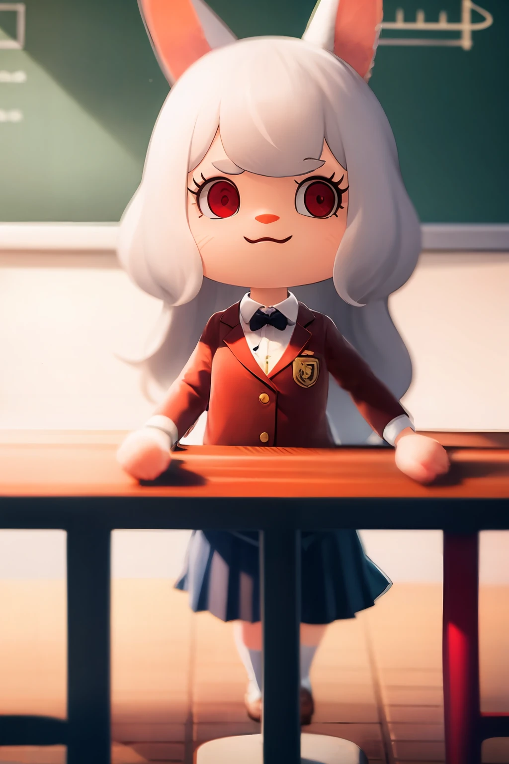 masterpiece, best quality,  <lora:ach02-000010:1>, (chibi:1.2),1girl,long hair,white hair,animal ears, red eyes,school uniform,