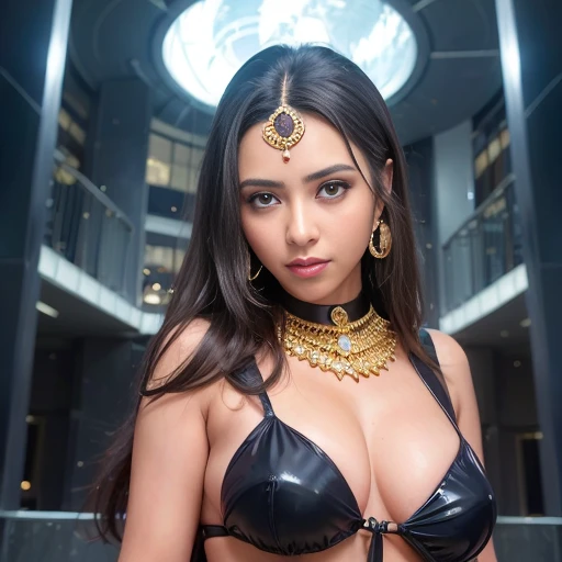 (middle_parting_hairstyle, middle_jewelry over head:1.3),portrait,woman posing for a photo, wearing sexy futuristic dress, 
good hand,4k, high-res, masterpiece, best quality, head:1.3,((Hasselblad photography)), finely detailed skin, sharp focus, (cinematic lighting), night, soft lighting, dynamic angle, [:(detailed face:1.2):0.2],(((futuristic city))),    <lora:middle_parting_hairstyle:0.5>