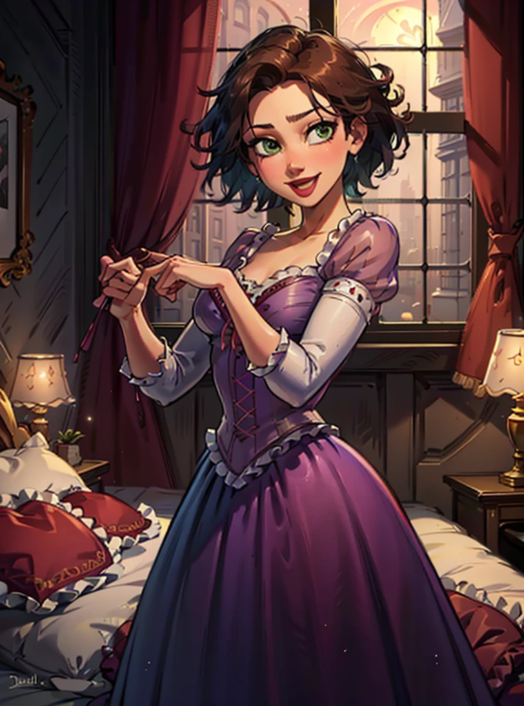 (RapunzelWaifu:1) ,1girl, cute, cute pose, (short hair, brown hair, green eyes), (purple dress), curvy, looking at viewer, smile, :D,
(detailed ladscape, room, bed, pillows:1.2), window, (background:1), (dynamic_angle:1.2), (dynamic_pose:1.2), (rule of third_composition:1.3), (dynamic_perspective:1.2), (dynamic_Line_of_action:1.2), wide shot,
(masterpiece:1.2), (best quality, highest quality), (ultra detailed), (8k, 4k, intricate),(full-body-shot:1), (Cowboy-shot:1.2), (50mm), (highly detailed:1.2),(detailed face:1.2), detailed_eyes,(gradients),(ambient light:1.3),(cinematic composition:1.3),(HDR:1),Accent Lighting,extremely detailed CG unity 8k wallpaper,original, highres,(perfect_anatomy:1.2),
<lora:RapunzelShortHair_Character-10:0.8>