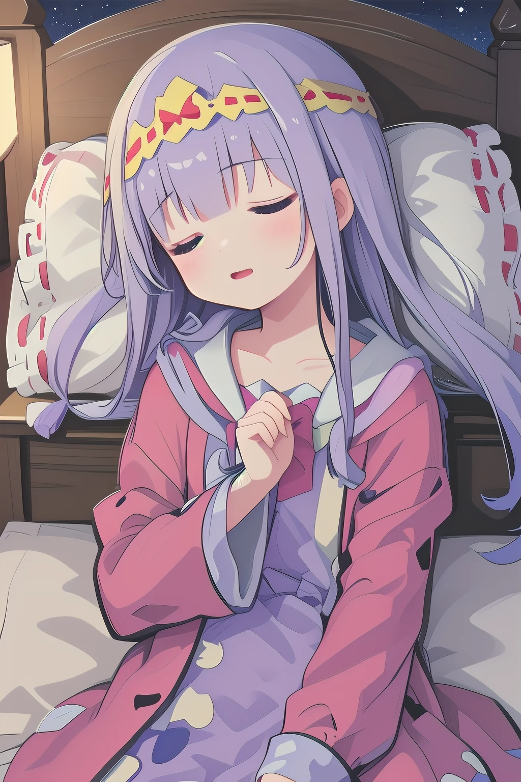 1girl, <lora:SleePeace2:1.1>, sleepeace, <lora:aurora-01:0.9> aurora, princess dress, castle indoors, night_sky, red moon, lie_on_bed, head_tilt,
