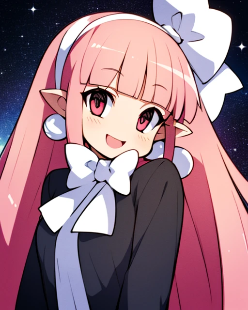 Witch.long pink hair,pointy ears,red eyes , smiling, standing, upper body,
WitDres,black dress, white ribbon, white hairband,long sleeves,earrings,
outer space, fun park, stars,
(insanely detailed, beautiful detailed face, masterpiece, beautiful detailed eyes, best quality) <lora:Witch:0.8>