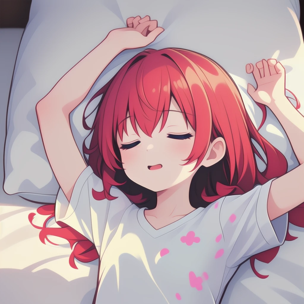 1girl, <lora:SleePeace2:1>, sleepeace, pajama, arms up,  on back,  red_hair, long_hair, mooning, messy hair,  sunlight,  backlighting, (ultra_detailed:1.2)