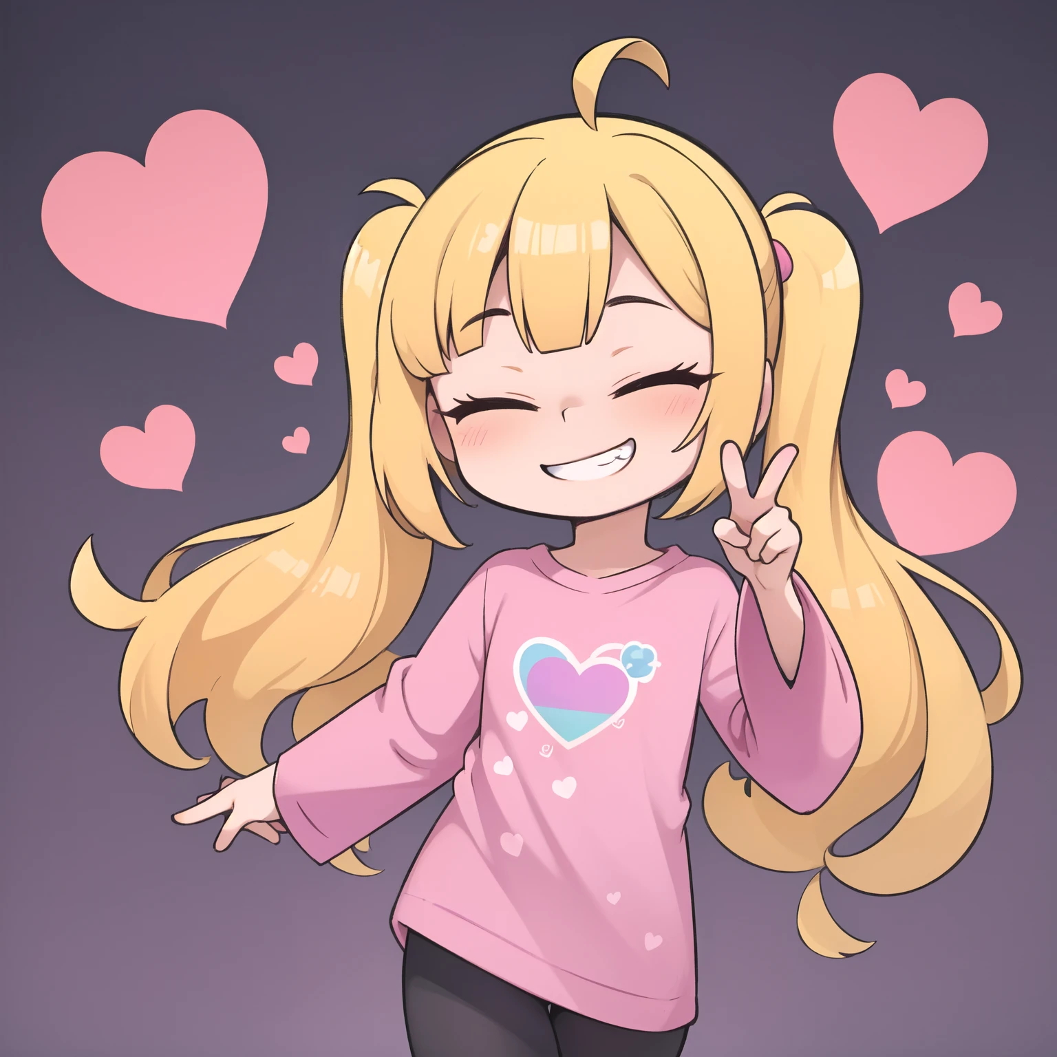 masterpiece, best quality,
purple background, abstract background, multicolored background, heart background,
black leggings, baggy shirt, long shirt, wide sleeves, pink shirt, heart print shirt, magenta heart on shirt,
cowboy shot, head tilt, double v, grin, closed eyes, twin tails,
long hair, yellow eyes, colored inner hair, ahoge,