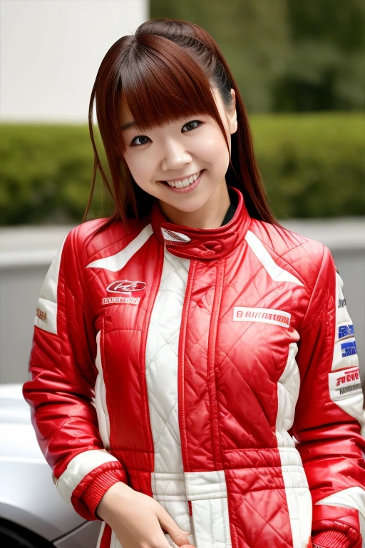 hikari, masterpiece, best quality, ultra high res, ultra detailed, realistic, photorealistic, depth of field, 1girl, solo, looking at viewer, sharp focus, detailed face, smile, (pureerosface_v1:0.1), (vibrant color:1.2),skin texture, realistic skin texture, wear race car driver jacket, stand beside race car