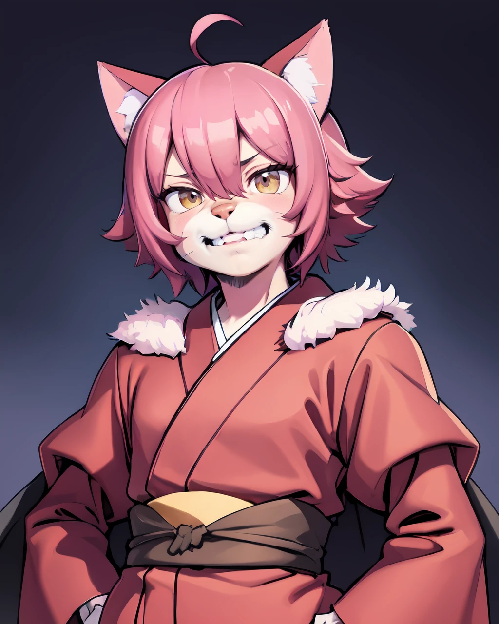 <lora:There_there3:0.7>,Cape, Upper_body, Rearend, Evil smile, Contrapposto, Highres, (Old_man:1.4), Commentary_request, Olive, Looking at viewer, , Ahoge, Teeth, (pink_hair:1.3), furry, cat_ears, kimono