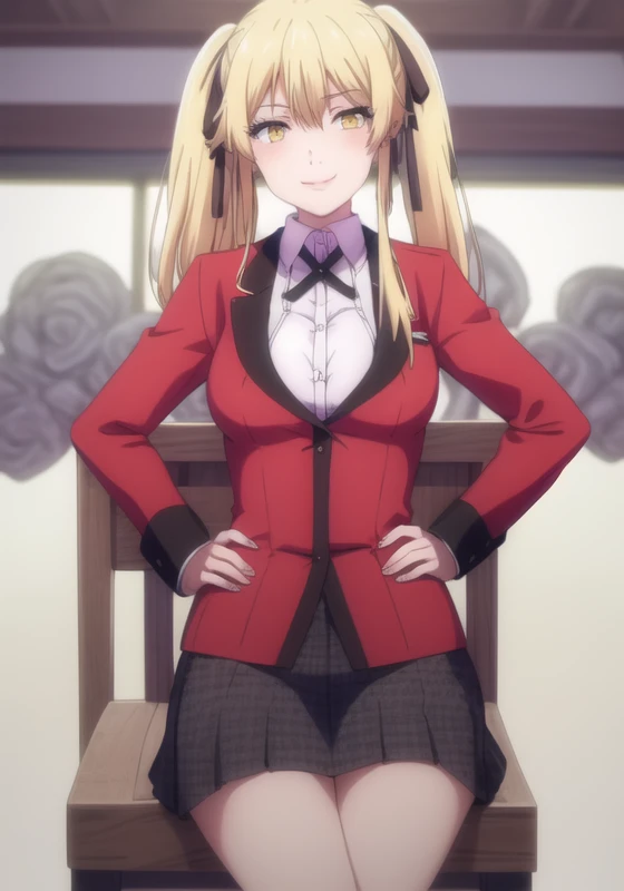 (very detailed background:1.0), (highly detailed background:1.0), (Masterpiece), High Quality, (1girl, solo),
<lora:MarySaotome-04:1>, blonde hair, yellow eyes, pigtails, black ribbon in hair,
looking at viewer, seductive smile, blush, looking at viewer, view from front, cowboy shot, medium breasts,
red jacket with black collar, white shirt, buttoned jacket, grey pleated skirt, desk, sitting on chair, crossed legs, 5 fingers, (((good hands))), 5 fingers on each hand, hands on hips,