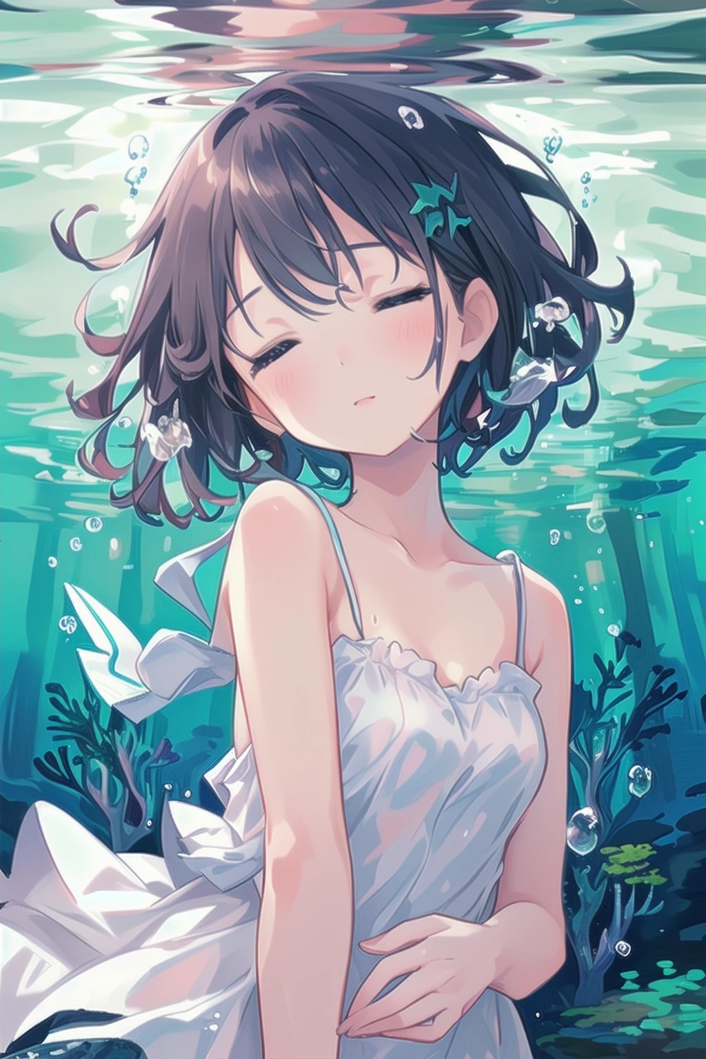 1girl, <lora:SleePeace2:0.5>, (sleepeace:0.9), head tilt, (underwater,underwater theme,underwater forest, reflection:1.2), upper_body, short_cut_hair,