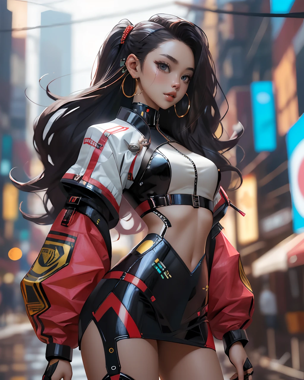 best quality, cyber sttyle girl, 1girl, solo, long hair, blurry background, <lora:cyber_style_girl_v1:0.7>
