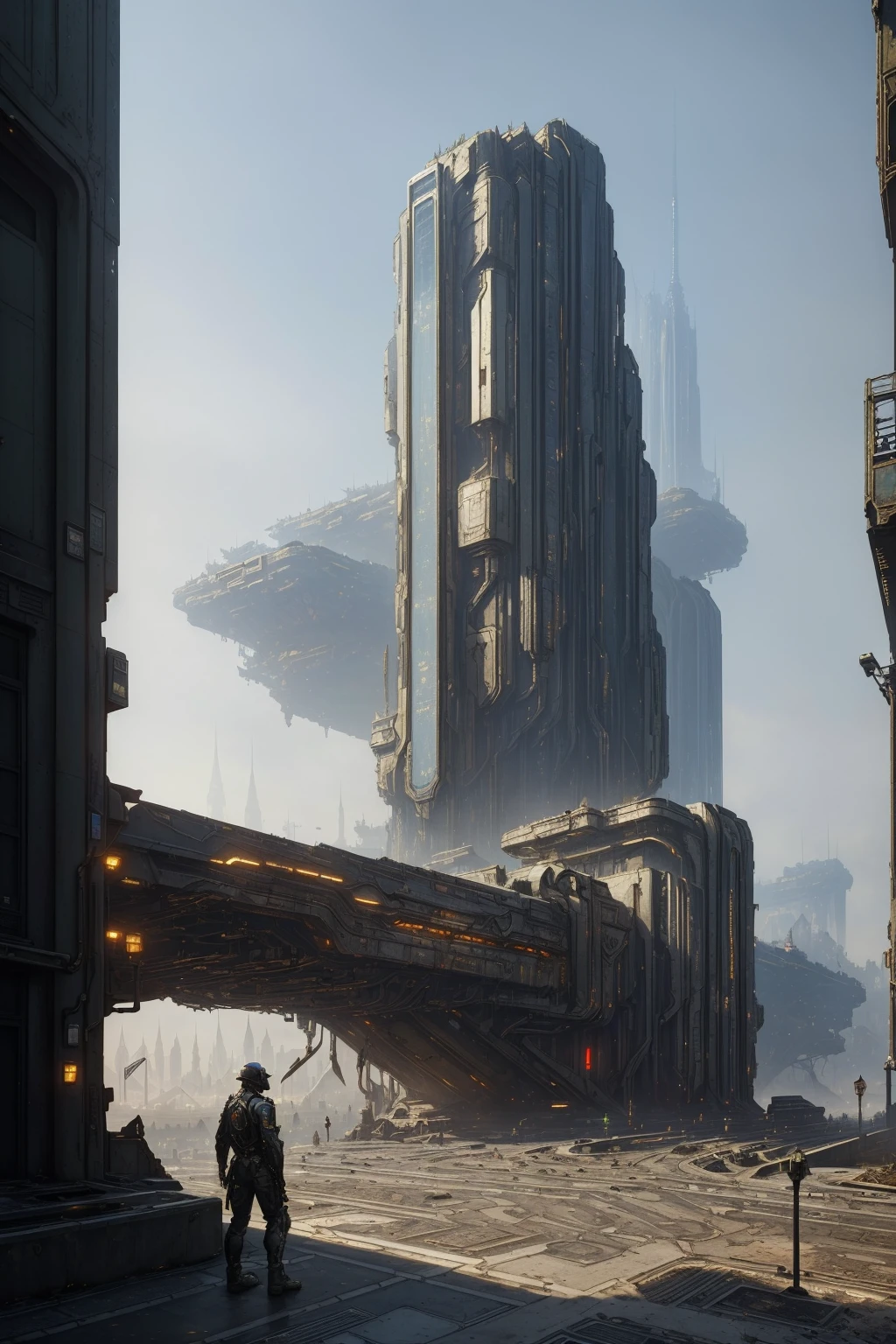 (masterpiece), futuristic cityscape, street view, (decrepit scenery), megastructures, intricate detail, (art by [Bastien Lecouffe-Deharme|Caspar David Friedrich ]:1.2), (unreal engine render, photorealistic painting, photorealistic:1.2), (mysterious)